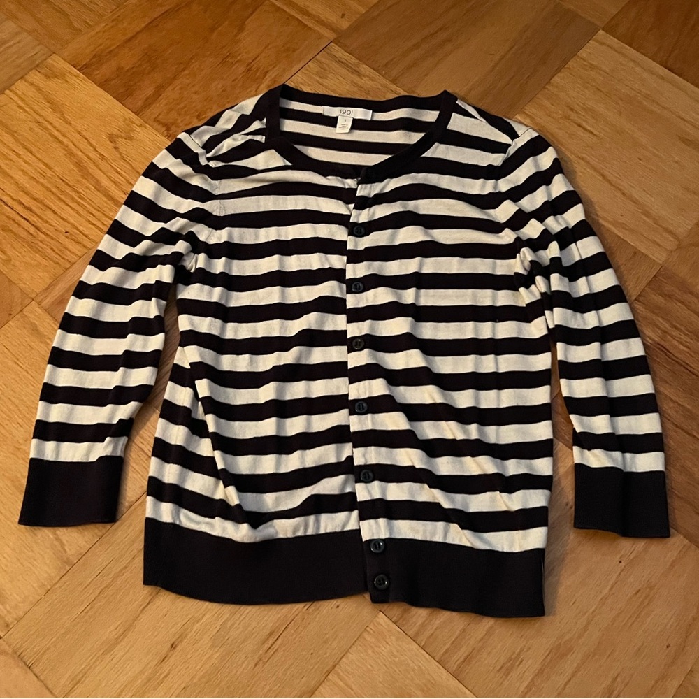 Striped Navy and White 3/4 Sleeve Cardigan